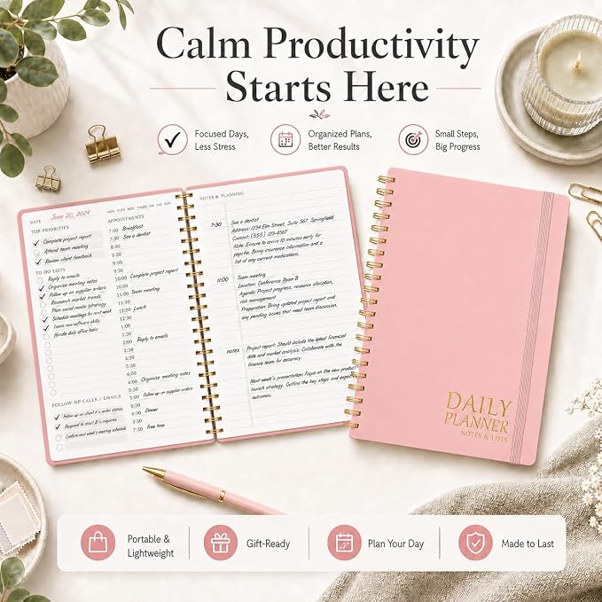 Daily Planner with Hourly Schedules - Undated To Do List Notebook, Spiral Bound, 5.5" x 8.5", Manage Your Tasks and Appointments, The Perfect Office Supplies for Women - Pink