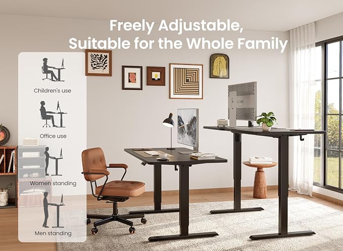 BANTI 63 × 28 Inches Standing Desk, Ergonomic, Electric Height Adjustable, Sit and Stand Up, Computer Desk with a Deeper Desktop, Black Frame/Black Top