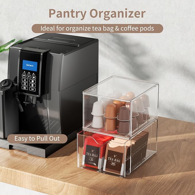 2 Pack Clear Tea Bag Organizers with Adjustable Dividers, Stackable Tea Drawer Organizer Box for Pantry, Coffee Bar, Kitchen Cabinet, Acrylic Food Storage Bins for Snacks, Sugar & Spice Packets