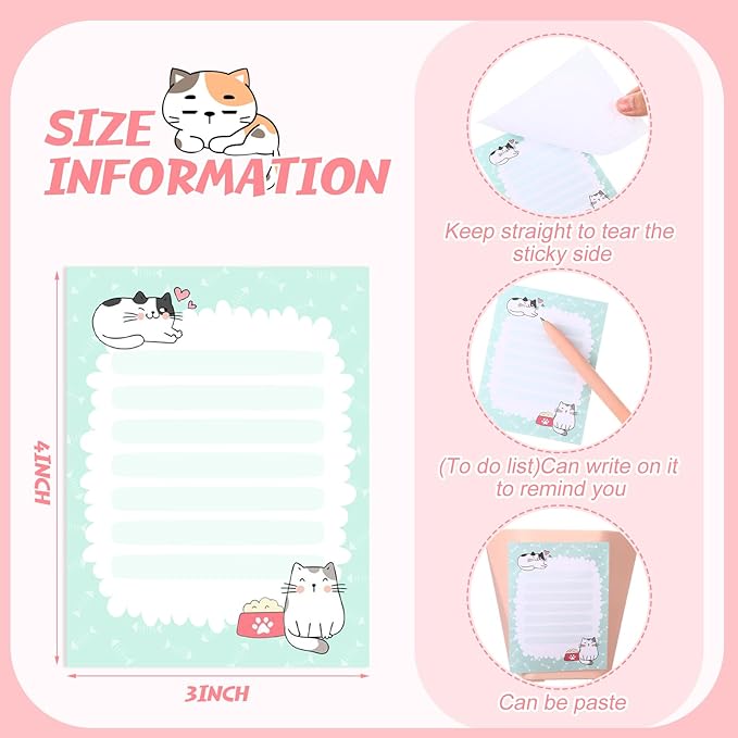 12 Pieces Cats Sticky Notes Cute Cat Gift Self Stick Notepads 3x4 Inch Kawaii Memo Notes for Animal Lover Cartoon Animal to Do List for Office Home Supplies Roommates Gift