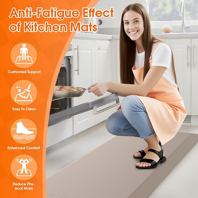 4/5 Inch Thicker Kitchen Mat, Cushioned Thick Floor Comfort Mat, with Non-Slip Bottom, Water & Stain Resistant, Easy Clean Standing Desk Mat for Kitchen, Sink, Office (17.3"x39"x0.8", Khaki)