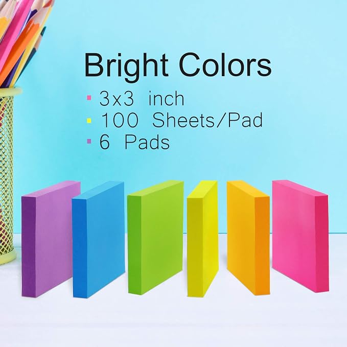 Sticky Notes 3x3 Self-Stick Notes Pads with 6 Bright Colors, Easy to Post for Office, School, Home, 6 Pads/Pack, 100 Sheets/Pad (Standard)