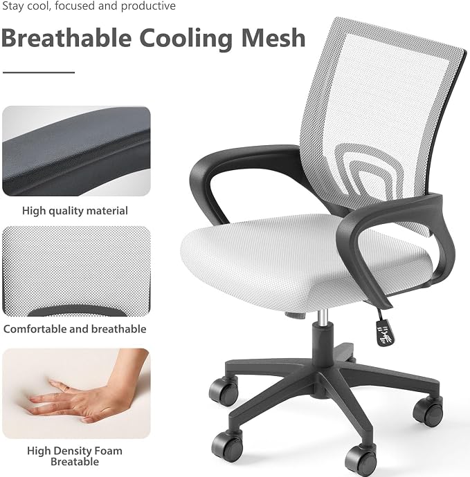 OS MOTOR Ergonomic Mid-Back Mesh Office Chair (White) | Lumbar Support, Adjustable Height, Swivel Rolling Design, Comfy Armrest, Home, Office, Work, Study, Gaming, Vanity