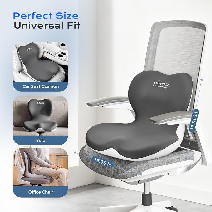 Coverado Car Seat Cushion and Lumbar Support Pillow One Piece, Memory Foam Ergonomic Back Support Driving Seat Cushion for Back Pain, Non-Slip Washable Cushion for Car, Driver, Office