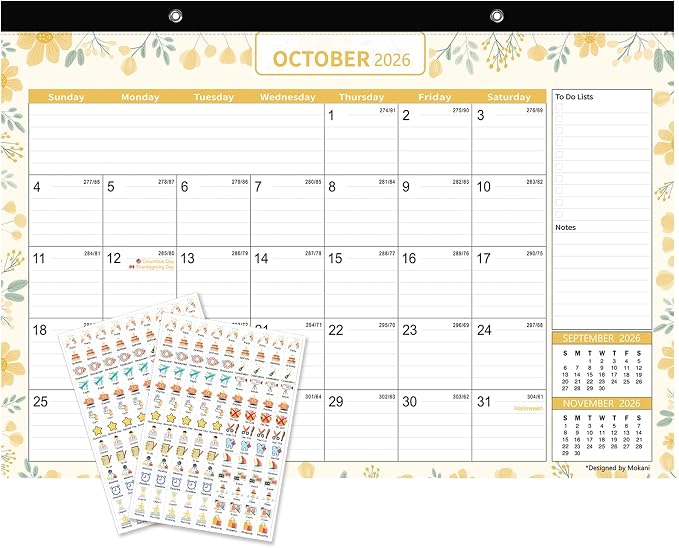 Desk Calendar 2026-2027, Mokani Large Monthly Desk Calendar 2026 (Jan.2026 to Jun.2027) 17"x12" with Plastic Cover, Holidays, 234 Stickers
