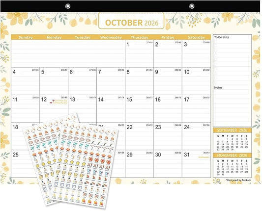 Desk Calendar 2026-2027, Mokani Large Monthly Desk Calendar 2026 (Jan.2026 to Jun.2027) 17"x12" with Plastic Cover, Holidays, 234 Stickers