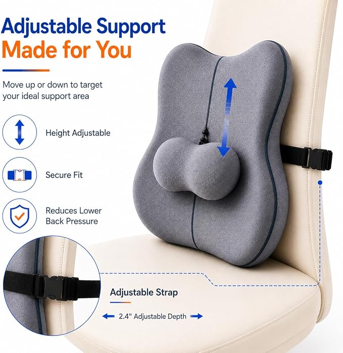 Pampkin Ergonomic Lumbar Support Pillow with Adjustable Strap | High-Density Memory Foam Back Cushion for Office Chair & Car | Back Pain Relief & Posture Support