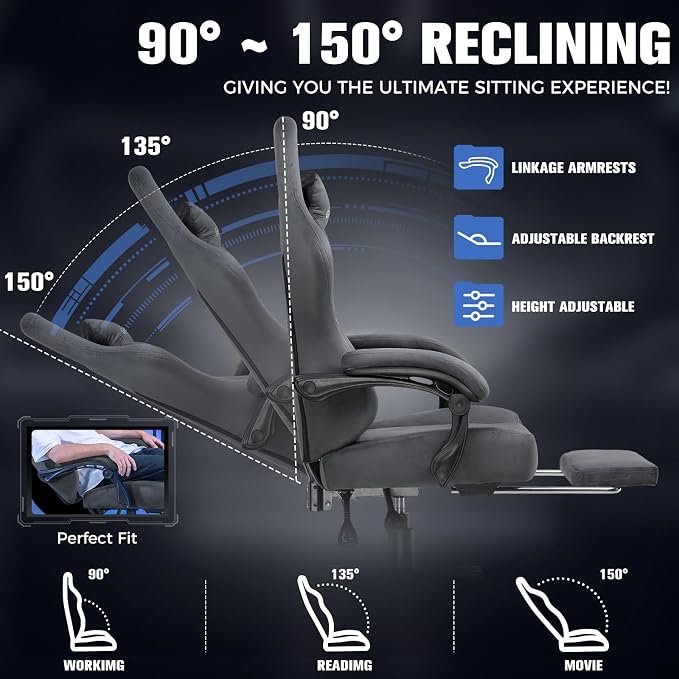 GTPLAYER Big and Tall Gaming Chair 400lbs Heavy Duty Office Chair with Foot Rest, High Back Pocket Spring Ergonomic Computer Chair for Adults, Wide Comfy Seated Cushion with Linkage Armrests, Grey