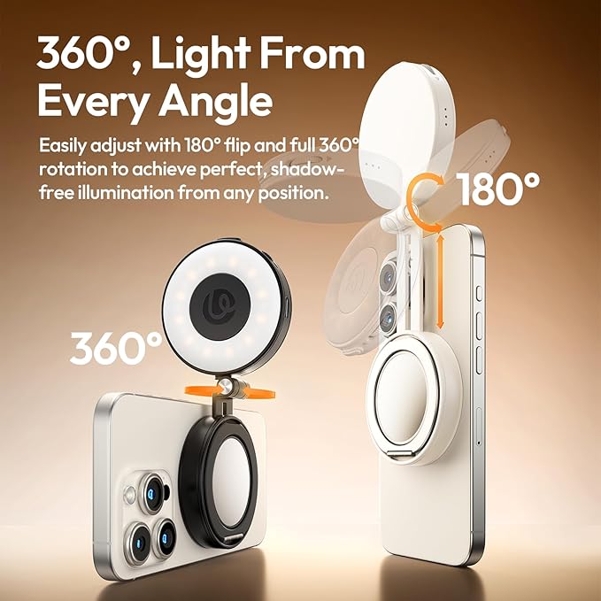 Magnetic Selfie Light, Upgraded ULANZI LM23 360° Phone Ring Light for iPhone Magsafe with Mirror & Stand, LED Phone Fill Lights for Selfies/Video Calls/Conference/Vlogging/Makeup - White