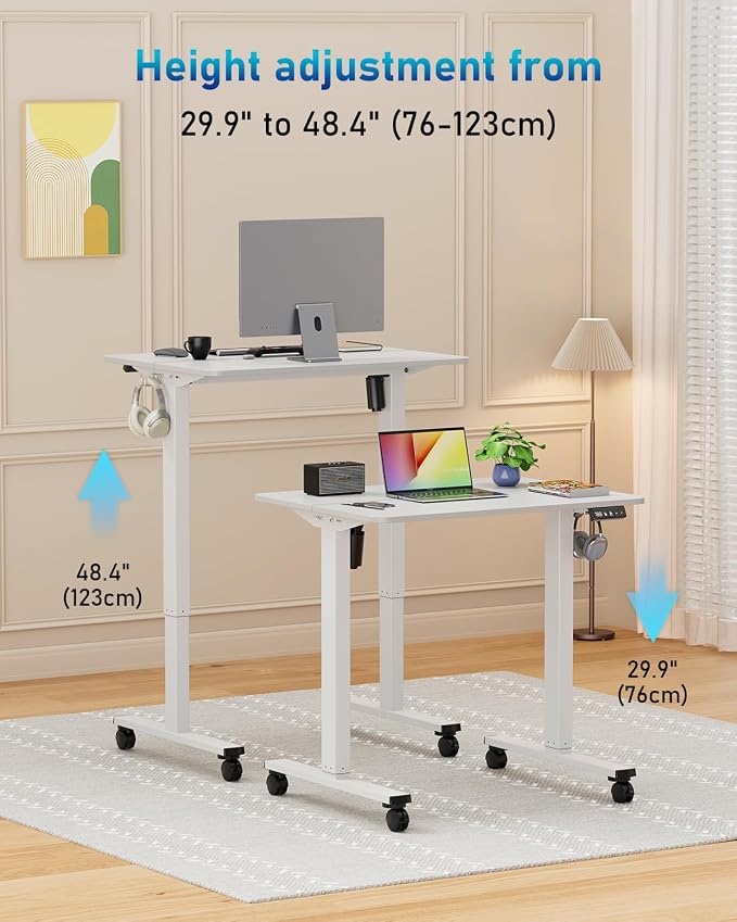 32" Small Electric Rolling Standing Desk Adjustable Height, Mobile Sit Stand up Desk with Lockable Casters for Home Office & Computer Workstation, Splice Board, 2 Hooks, White Frame/White Top