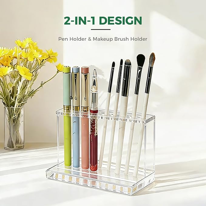 9 Compartments Acrylic Pen Holder for Desk, Clear Pencil Organizer, Desk Organizers and Accessories, Makeup Brush Holder & Pen Organizer, Office Stationary Storage for Desk, School, Home