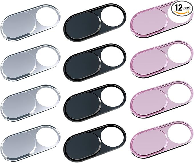 HKDGYHON Webcam Cover, Camera Cover Slide, 0.027in Ultra-Thin Metal Camera Cover for Laptop, PC, MacBook, iMac, iPad, iPhone, Smartphone, Web Camera Protect Your Privacy (Black/Pink/Silver-12 Pack)