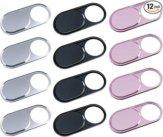 HKDGYHON Webcam Cover, Camera Cover Slide, 0.027in Ultra-Thin Metal Camera Cover for Laptop, PC, MacBook, iMac, iPad, iPhone, Smartphone, Web Camera Protect Your Privacy (Black/Pink/Silver-12 Pack)