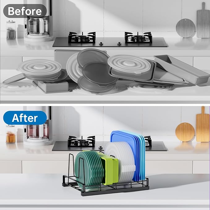 Small Food Container Lid Organizer with Adjustable 5 Dividers Black | Full Metal Pot and Pan Organizer Rack for Home Kitchen Cabinets, Drawers, Cupboards, Pantry Shelves Storage