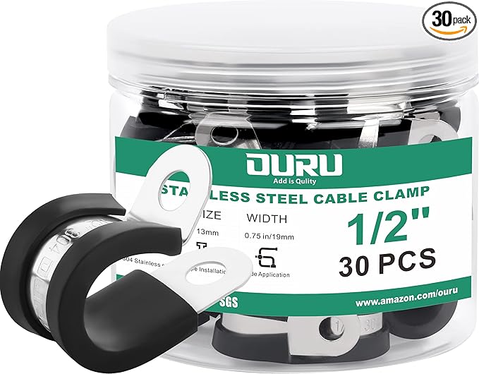 OURU 1/2 Inch Cable Clamps, Rubber Coated Insulated Clamps, 30pcs, 13mm | 304 Stainless Steel, Anti-Vibration, Rust Resistant, Secure Hold, Automotive Wire, Pipe & Tube Mounting, Cable Management
