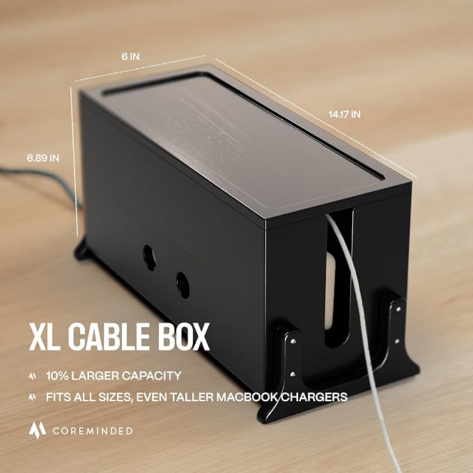 COREMINDED Extra Large Cable Management Box, Wood Cord Hider Box & Organizer for Power Strip, TV Wires & Desk Cable Storage