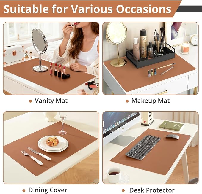 LovePads Makeup Mat for Vanity, 16 x 36 Dual-Sided Desk Pad & Vanity Cover Top, Waterproof PVC Protector Mat for Dresser, Nail Art, Craft Table (Brown+Beige)