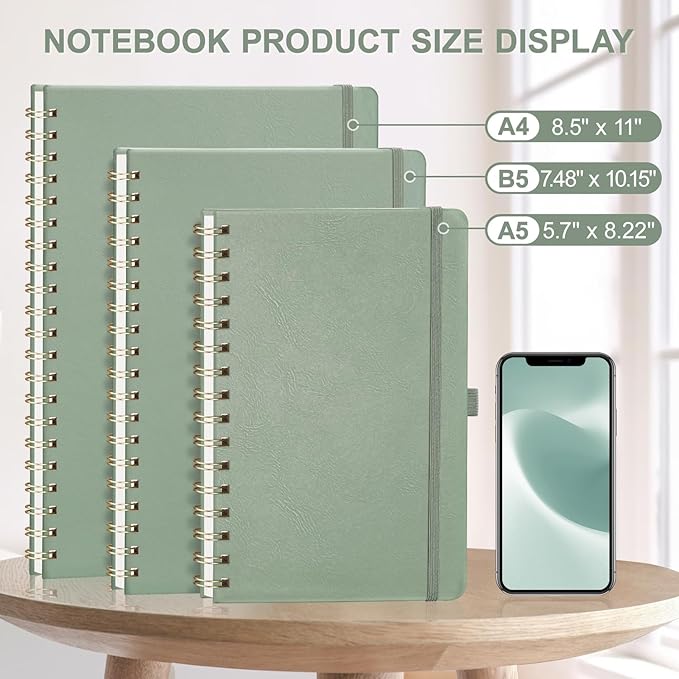 AHGXG HGXG Dotted Journal Spiral Notebook, Large B5 Dotted Notebook 140 Pages, Leather Hardcover, 100 GSM Thick Dot Grid Paper, Inner Pocket, for Dotted Journaling, 7.6" x 10", Sage Green
