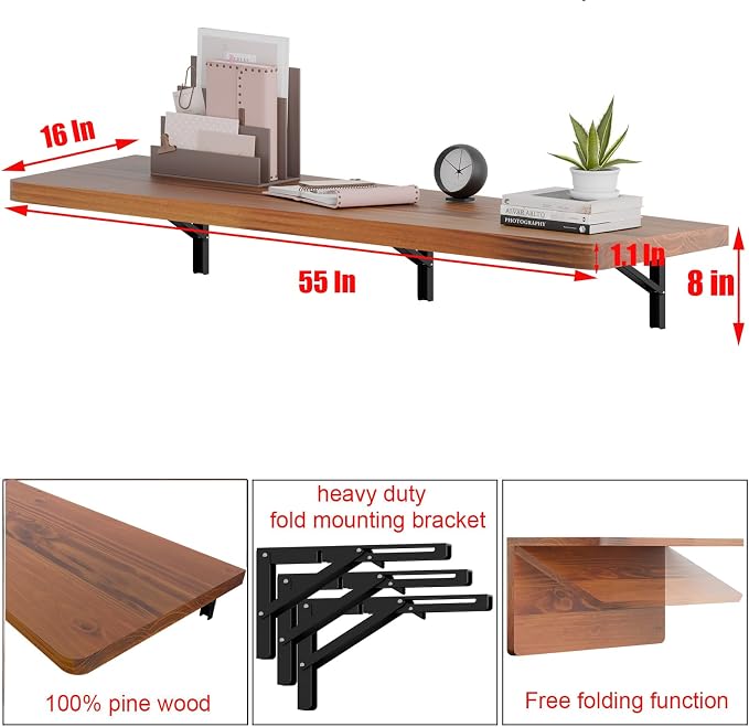 IAE Wall Mounted Folding Table with Pine Wood,55" x 16" Floating Wall Desk,Laundry Folding Table with Shelf Brackets,Fold Down Desk Shelf,Fold Workbench for Apartments,Home,Laundry Room,Kitchen,Teak