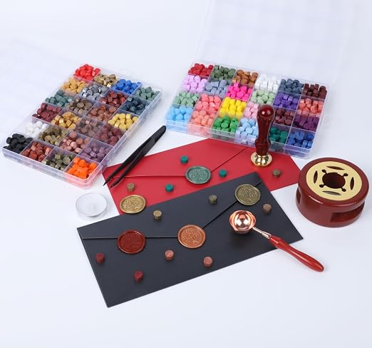 Wax Seal Stamp Kit, ONWINPOR 1248 Pcs Sealing Wax Beads in 48 Colors with Melting Warmer, Spoon, Tea Candles, Tree Sealing Stamp Set for Wedding Invitation, Letter Sealings and DIY Craft
