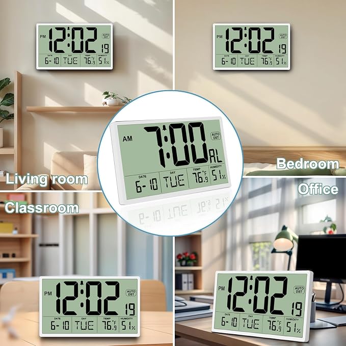 9‘’ Narrow Bezels Battery Operated Digital Wall Clock with Temperature and Humidity - Auto DST, Large 2⅝'' Digits, 5-Level Volume Alarm (3 AA Included) - Wall Mount/Desktop for Office Bedroom Kitchen