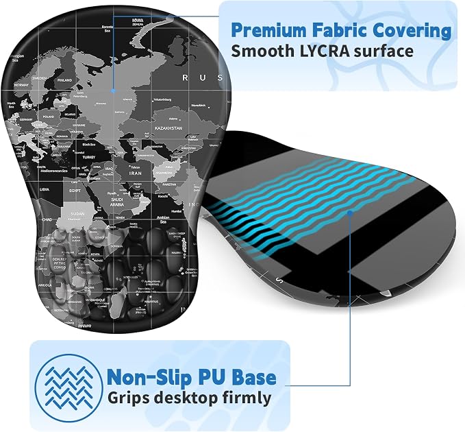 YIWEI Ergonomic Mouse Pad with Wrist Rest - Comfortable Office Mousepad with Memory Foam Wrist Support for Carpal Tunnel Relief, Mouse Pads with Non-Slip Base for Gaming and Home (World Map)