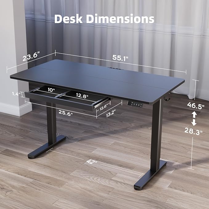 YDN Standing Desk 55 x 24 Inch Electric Height Adjustable with Drawer Black | Industrial steel frame supports 176Lbs, 28.3-46.5 inch height range, 3 memory presets, quiet 45dB motor, wire management