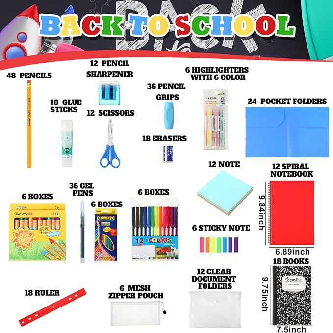 Gilprop 528 Pcs School Supply Kit 6 Set Back to School Supplies for Students Essential Bundle Kit Include Pencil Notebook Ruler Glue Scissor Sticky Note Eraser Pencil Sharpener
