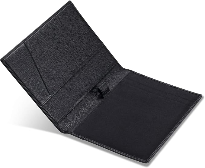 HISCOW Slim Leather Junior Padfolio, 5x8 Notepad Cover, Pebbled Black | Full-grain tumbled cowhide, top-loading legal pad holder, rigid pen loop, quick-access card slot, zipperless boardroom design