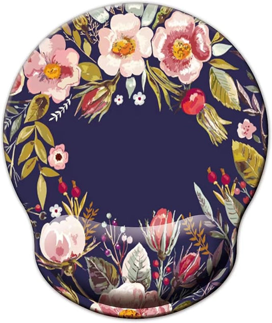 Mouse Pad with Wrist Support, Ergonomic Mouse Pad with Memory Foam Wrist Rest Cushion, Non-Slip Rubber Base Gaming Mice Pad for Home Office Computer Laptop, Flower Wreath