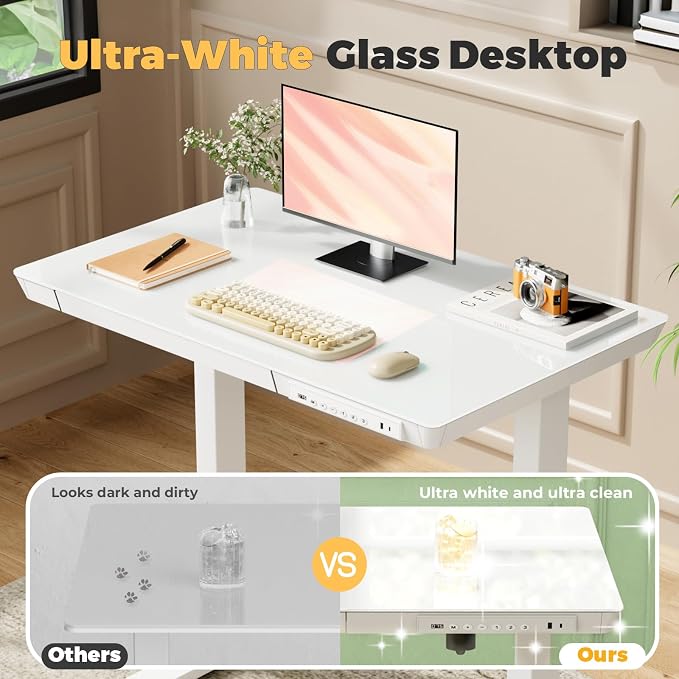 Glass Electric Standing Desk with Drawer, 31.5" x 20" Whole Piece Small Sit Stand Table, Height Adjustable Desk with Storage & USB Ports, Quick Install Home Office Computer Desk, White