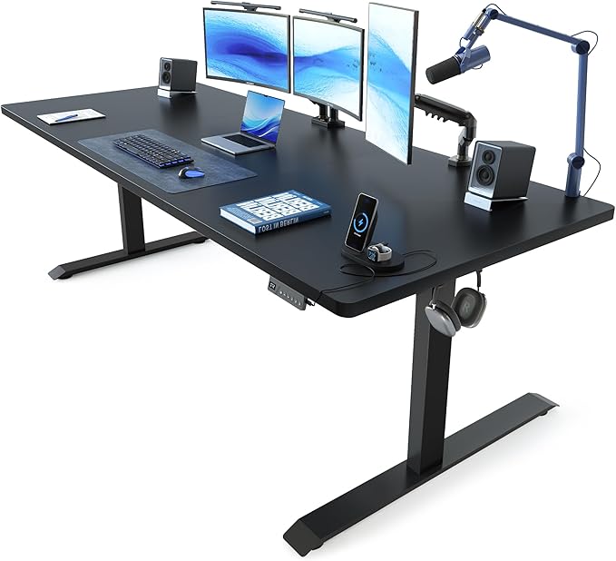 FEZIBO 71 x 37 Inch Electric Standing Desk with Integrated Dual-Beam & Cable Management, Memory Height Adjustable Computer Desk for Home Office Workstation, 1" Thick Large 3-Piece Tabletop Black