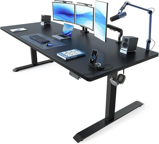 FEZIBO 71 x 37 Inch Electric Standing Desk with Integrated Dual-Beam & Cable Management, Memory Height Adjustable Computer Desk for Home Office Workstation, 1" Thick Large 3-Piece Tabletop Black