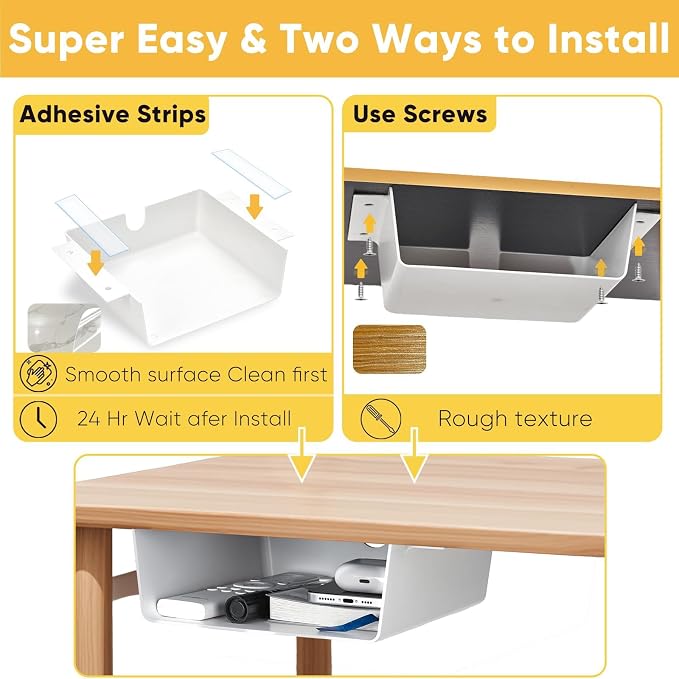 4 Pack Under Desk Hanging Shelf Drawer Organizer, Attachable Plastic Hidden Storage Tray, Easy Adhesive Mount Holder for Standing Tables, Office, Counters, Cabinets, Workstations - White