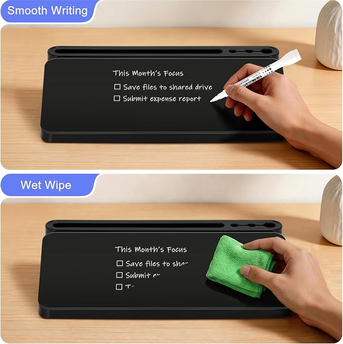 WALGLASS Small Desktop Whiteboard with Storage, Glass Desk Dry Erase White Board Computer Keyboard Phone Pad Stand with Drawer, Desk Organizers with Accessories for Office, Home, School Supplies Black