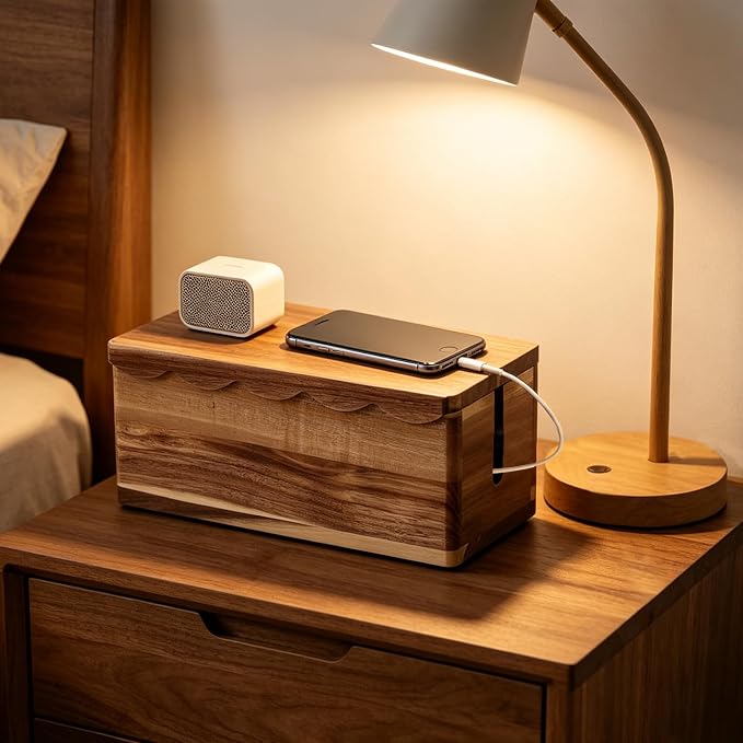 Large Cable Management Box Scalloped Edge, Acacia Wood Cable Organizer Box & Power Strip Box for Electrical Cord Management, Hide Desk Cord and Floor Cables, Wire Storage and Organization for Cords