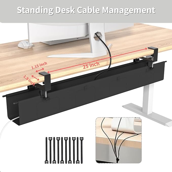 No Drill Under Desk Cable Management Tray, 47.5” Fabric Clamp Mount | Cord Organizer for Table, Heavy Duty Wire Management for Office Home, Black
