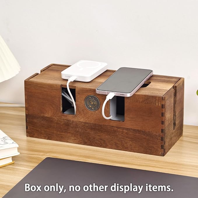 Acacia Wood Cable Management Box - Wooden Cord Hider & Organizer for Desk & Floor, Power Strip & TV Wire Concealer, Under Desk Storage for Office, Home Electrical Cables