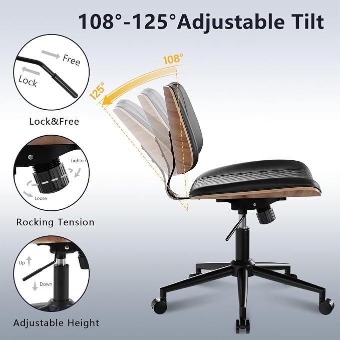 Modern Armless Office Chair with Wheels, Adjustable Swivel Desk Chair with Wide Seat and Tilt Function, Faux Leather Mid Century Task Chair for Home Office, Bedroom, Vanity, Black