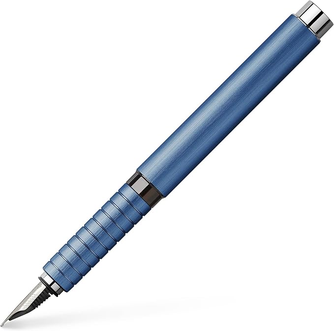 Faber-Castell Essentio Aluminum Blue Fountain Pen - Medium Nib with Black Ink - Fine Writing Instruments | Fountain pen with ergonomic grip zone made of aluminium and high-quality stainless steel nib