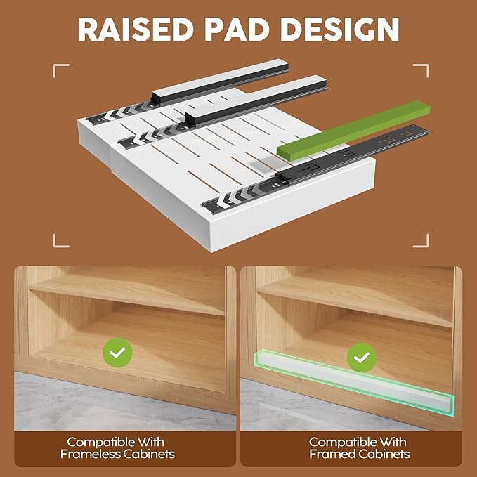 Seinloes 4Pack Expandable Pull Out Cabinet Organizer 21"Deep with Raising Pad for Framed Cabinets,Slide Out Drawers with 4pcs Divider Racks,Roll Out Shelves Adhesive,Adjustable Width 12.05"-20.4"White