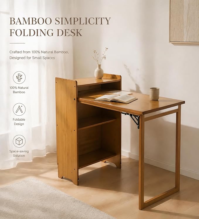 HDDFER Bamboo Folding Desk for Small Spaces,Hidden Desk with Storage Shelf, Foldable Computer Desk for Bedroom Home Office, Mid Century Modern Fold Out Table Writing Table, Brown
