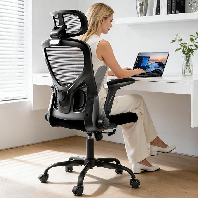 Office Chair,Ergonomic Mesh Computer Desk Chair,Black | 2D Adjustable Lumbar Support,3D Headrest,Adjustable & Flip-Up Armrests,Rolling,Tilting,Swivel,High Back,Executive PC Chair