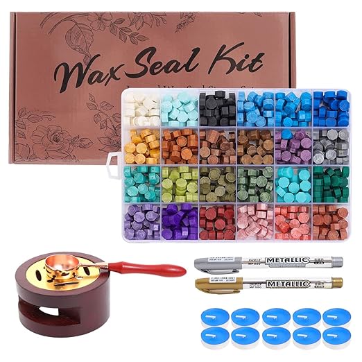Wax Seal Kit - 624Pc Stamp Kit with 24 Colors, Wax Seal Spoon, Tea Candles, Warmer, Pen