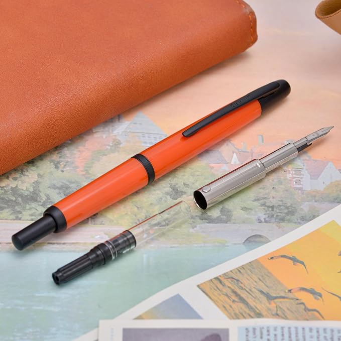 Jinhao 20 Press Fountain Pen, Orange Red Retractable Fine Nib with Ink Converter Set (Black Clip)