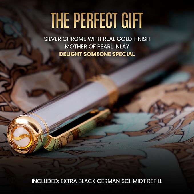 Scriveiner Personalized Silver Chrome Rollerball Pen - Stunning Luxury Pen, Real Gold Plating, Schmidt Ink Refill, Best Engraved Roller Ball Gift Set for Men & Women, Custom Name Engraving
