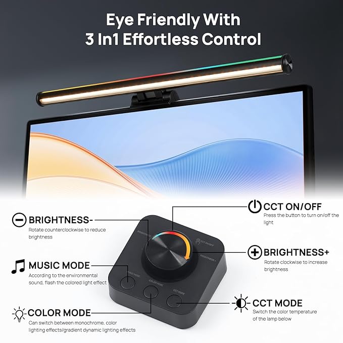 Hive Vibes 17" Monitor Light Bar with RGB Backlight, Wireless Remote and App Control, Stepless Dimming, Eye Care, Multiple Color Modes, Anti-Glare Desk Lamp for Home and Office