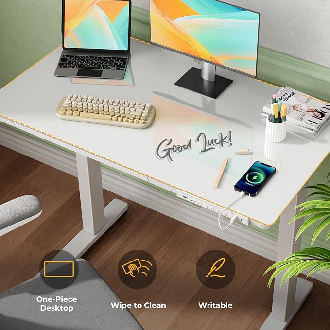 Glass Electric Standing Desk with Drawer, 35" x 20" Whole Piece Small Sit Stand Table, Height Adjustable Desk with Storage & USB Ports, Quick Install Home Office Computer Desk, White