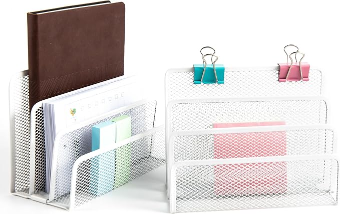 VANRA Small Letter Sorter Pack of 2 Desktop File Organizer Metal Mesh Paper Stacking Sorter Holder 3 Slots (2 White)
