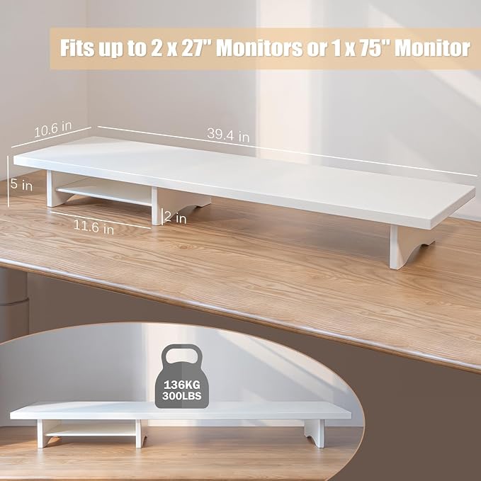 Bamboo Dual Monitor Stand Riser White, 2-Tier Desk Monitor Riser for 2 Monitors, Supports for PC Computer Monitor, Printer, Heavy TV Riser up to 300 lbs, White
